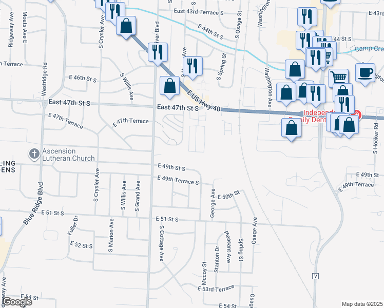 map of restaurants, bars, coffee shops, grocery stores, and more near 118 Lake in Independence