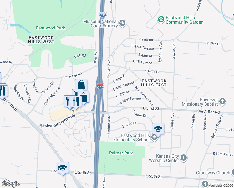map of restaurants, bars, coffee shops, grocery stores, and more near 7404 East 50th Street in Kansas City