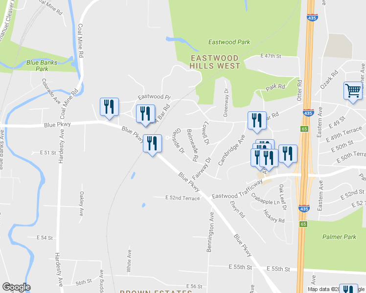 map of restaurants, bars, coffee shops, grocery stores, and more near 5077 Glenside Drive in Kansas City