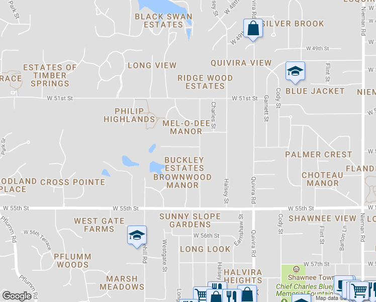 map of restaurants, bars, coffee shops, grocery stores, and more near 12317 West 52nd Terrace in Shawnee