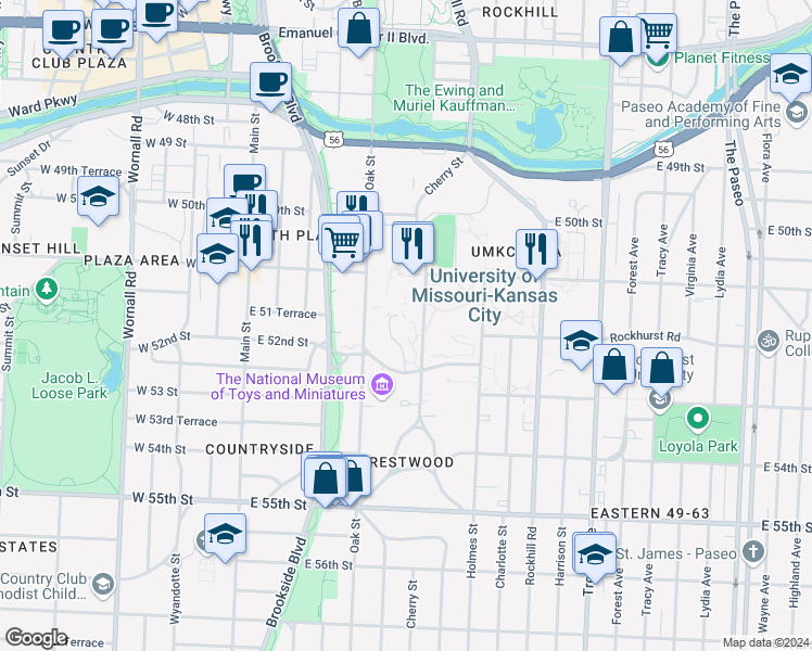 map of restaurants, bars, coffee shops, grocery stores, and more near 5110 Cherry Street in Kansas City