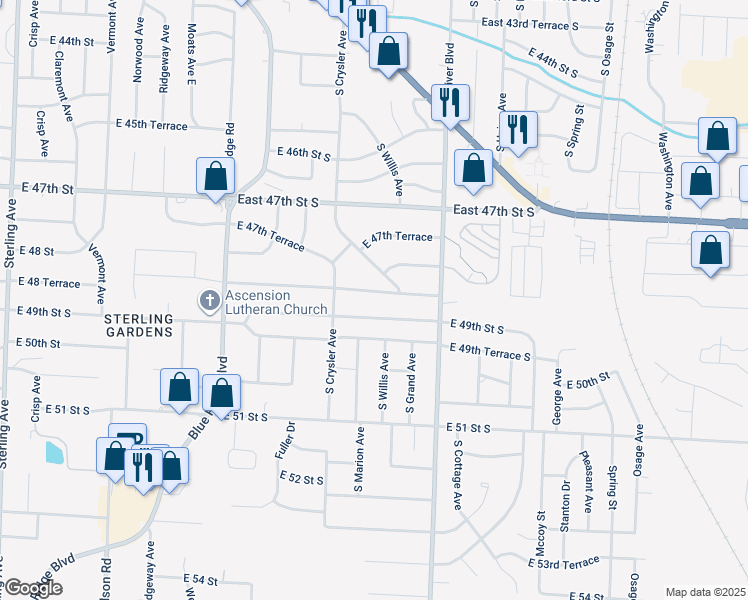 map of restaurants, bars, coffee shops, grocery stores, and more near 12509 E 48th Terrace S in Independence