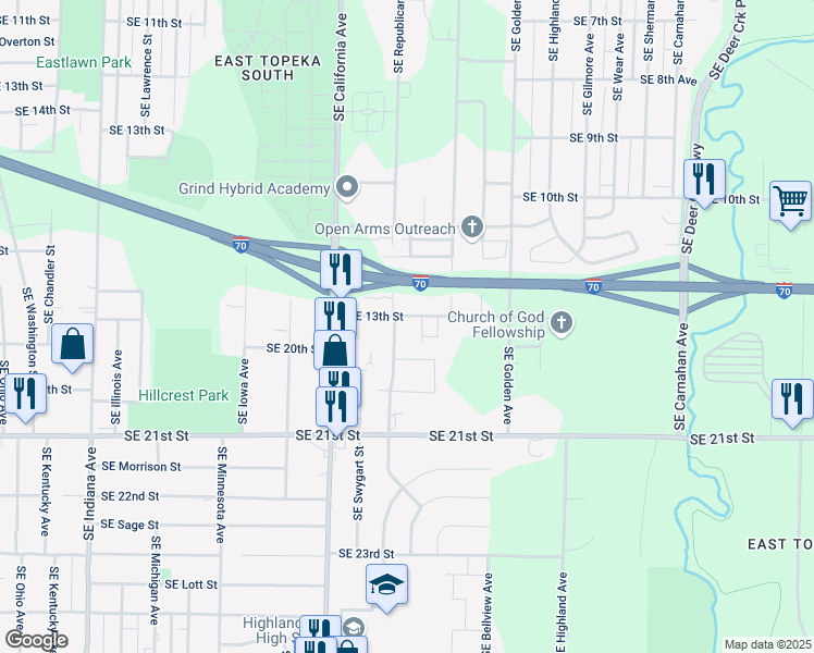 map of restaurants, bars, coffee shops, grocery stores, and more near 2123 Southeast 13th Street in Topeka