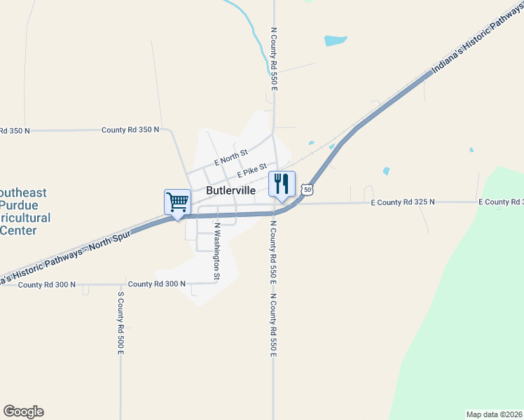 map of restaurants, bars, coffee shops, grocery stores, and more near 5455 East High School Road in Butlerville