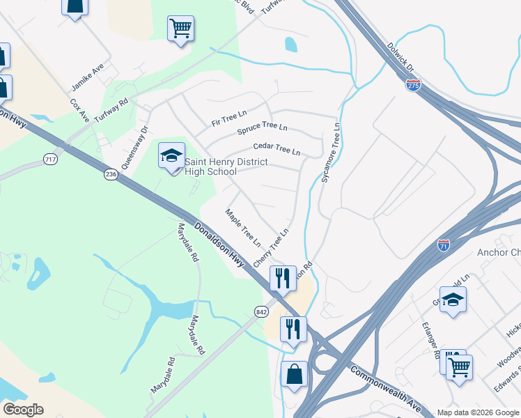 map of restaurants, bars, coffee shops, grocery stores, and more near 680 Peach Tree Lane in Erlanger