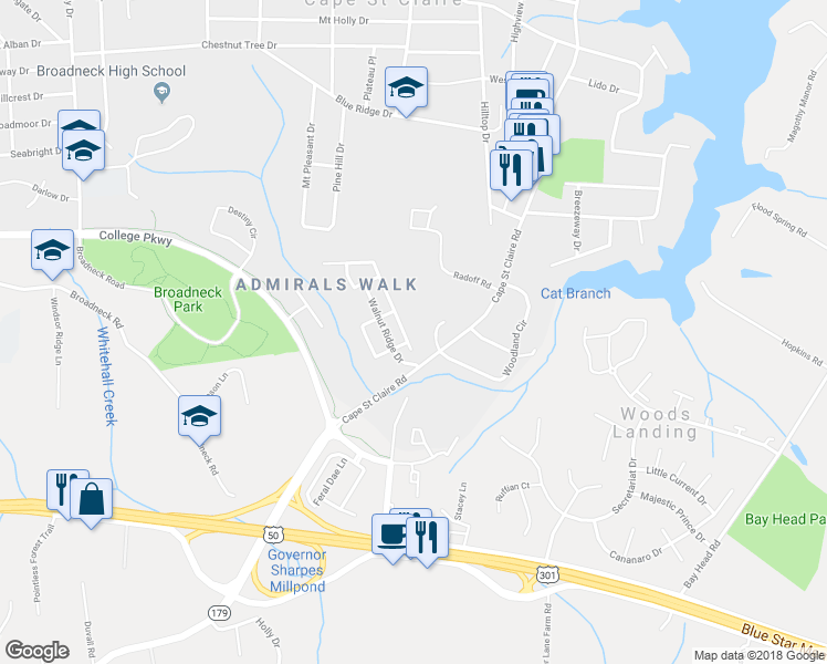 map of restaurants, bars, coffee shops, grocery stores, and more near 1359 Hazel Nut Court in Annapolis