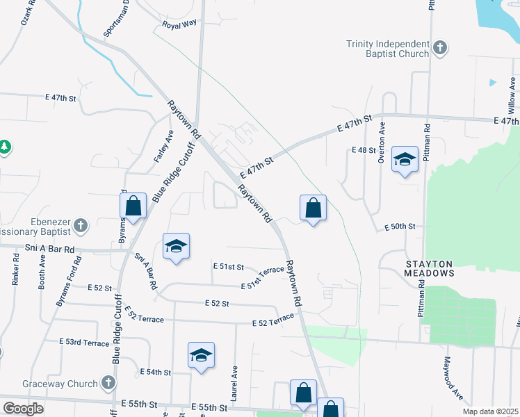 map of restaurants, bars, coffee shops, grocery stores, and more near Raytown Road in Kansas City