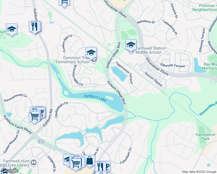 map of restaurants, bars, coffee shops, grocery stores, and more near 44046 Lords Valley Terrace in Ashburn