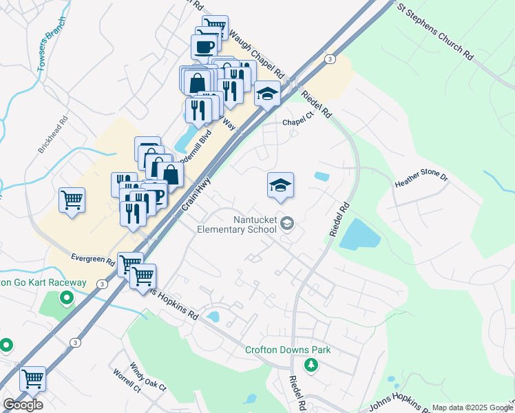 map of restaurants, bars, coffee shops, grocery stores, and more near 2314 Bellow Court in Crofton