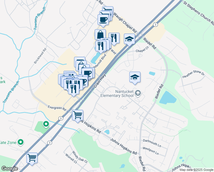 map of restaurants, bars, coffee shops, grocery stores, and more near 2403 Lizbec Court in Crofton