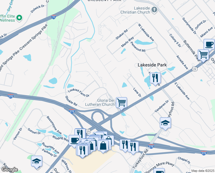 map of restaurants, bars, coffee shops, grocery stores, and more near 100 Whitney Court in Crestview Hills