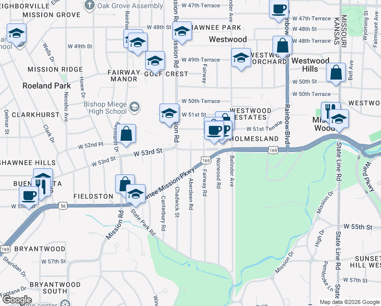 map of restaurants, bars, coffee shops, grocery stores, and more near 5300 Aberdeen Street in Fairway