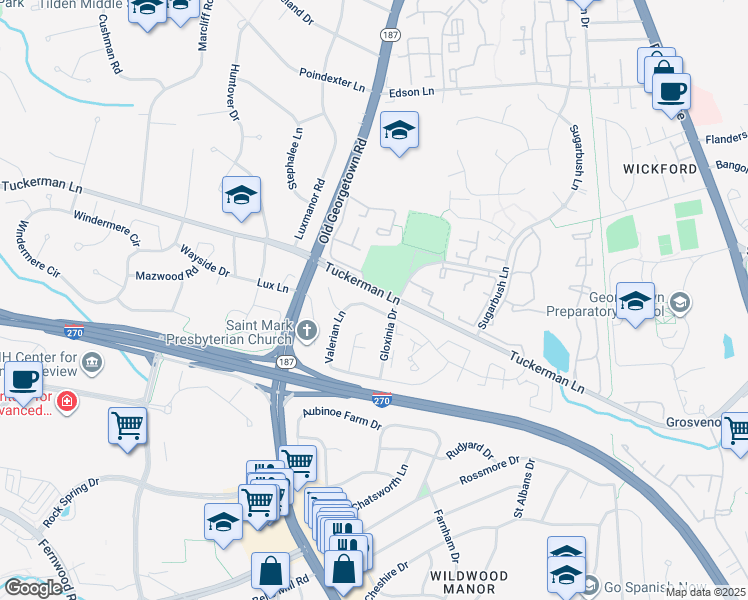 map of restaurants, bars, coffee shops, grocery stores, and more near 6009 Valerian Ln in Rockville