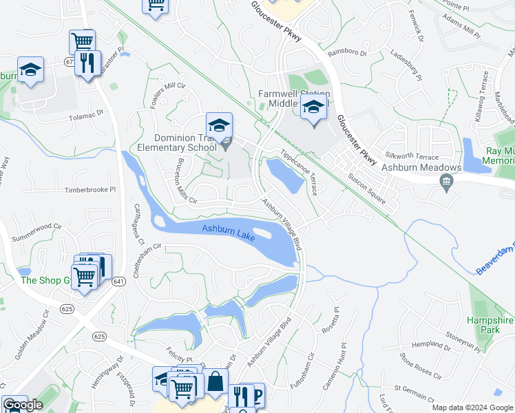 map of restaurants, bars, coffee shops, grocery stores, and more near 44042 Lords Valley Terrace in Ashburn