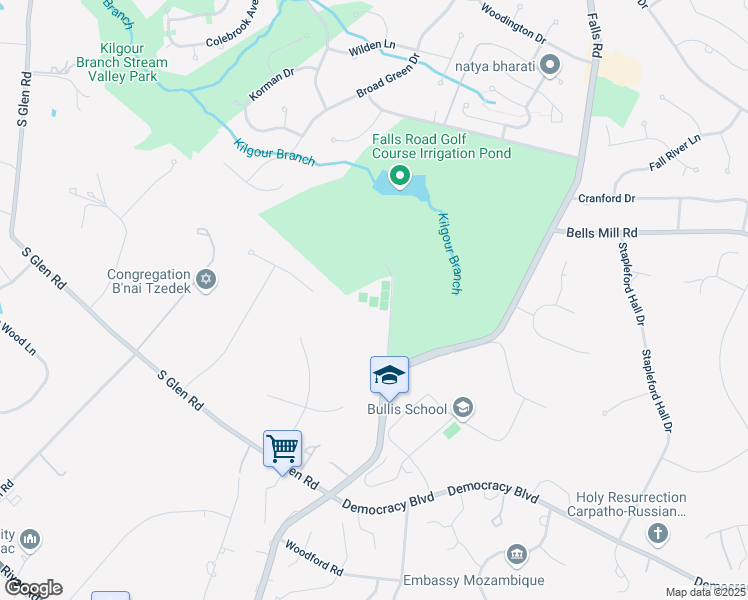map of restaurants, bars, coffee shops, grocery stores, and more near 10720 Falls Road in Rockville