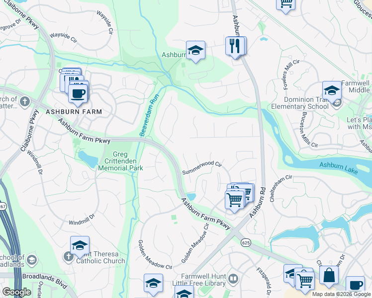 map of restaurants, bars, coffee shops, grocery stores, and more near 21110 Haystack Ct in Ashburn