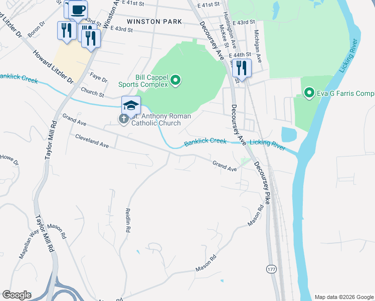 map of restaurants, bars, coffee shops, grocery stores, and more near 208 Grand Avenue in Taylor Mill