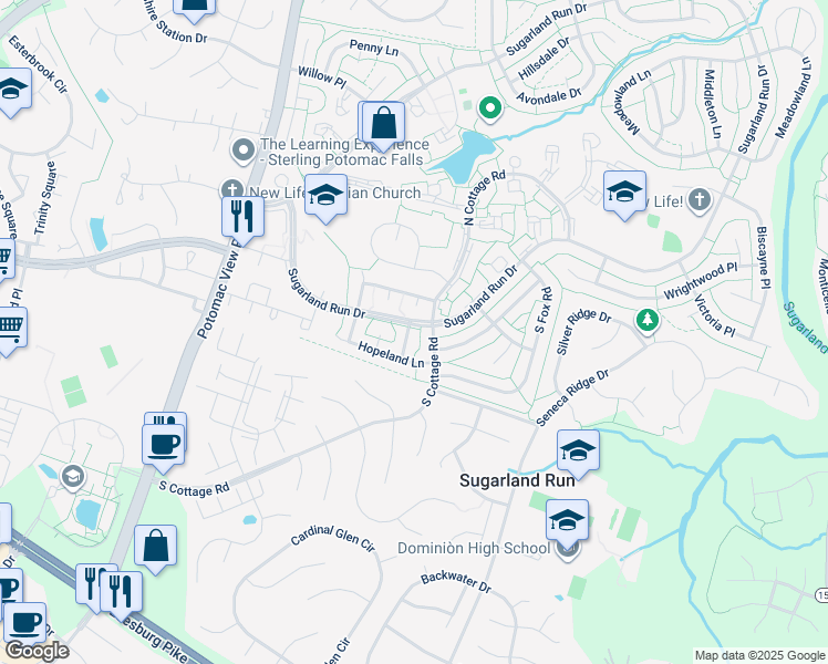 map of restaurants, bars, coffee shops, grocery stores, and more near 107 Baker Lane in Sterling