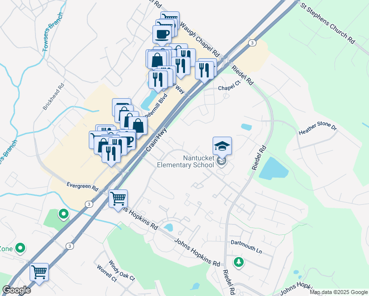 map of restaurants, bars, coffee shops, grocery stores, and more near 999 Danville Court in Crofton