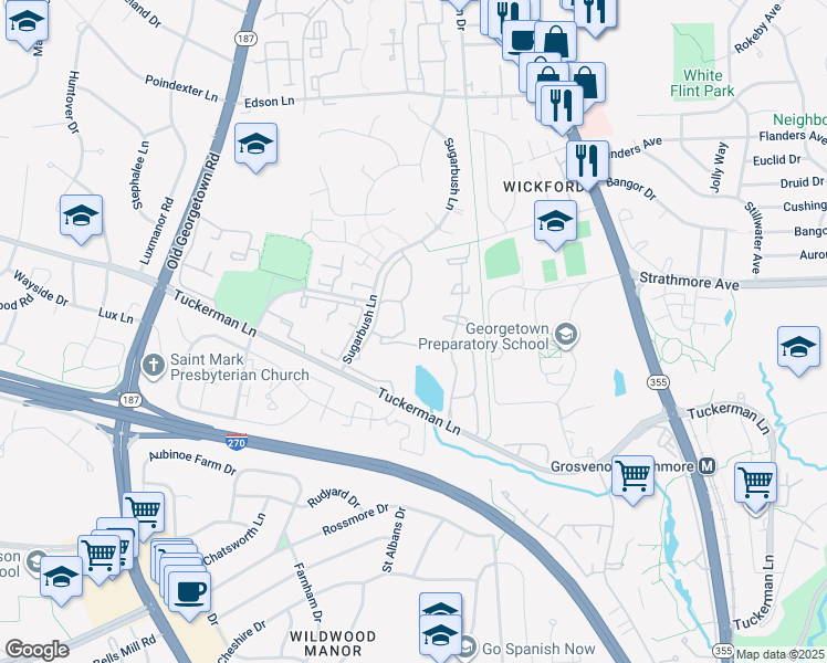 map of restaurants, bars, coffee shops, grocery stores, and more near 5804 Inman Park Circle in North Bethesda