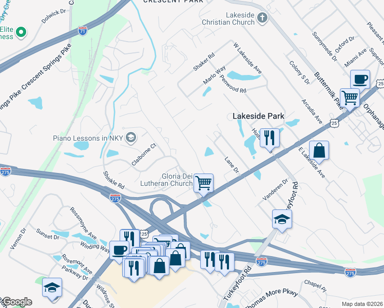 map of restaurants, bars, coffee shops, grocery stores, and more near 39 Carran Drive in Lakeside Park