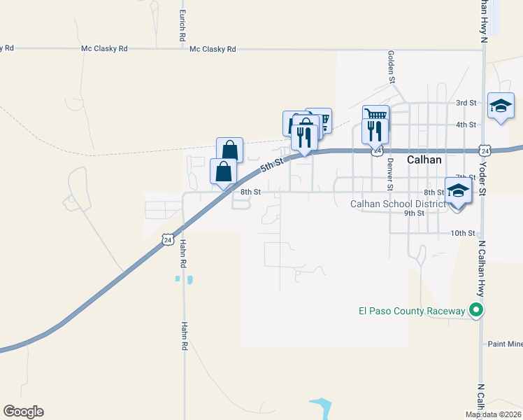 map of restaurants, bars, coffee shops, grocery stores, and more near 875 Monument Street in Calhan
