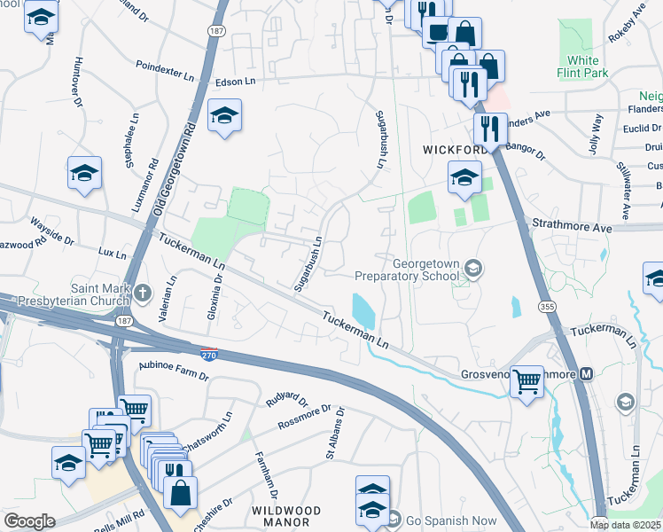 map of restaurants, bars, coffee shops, grocery stores, and more near 5821 Inman Park Circle in Rockville