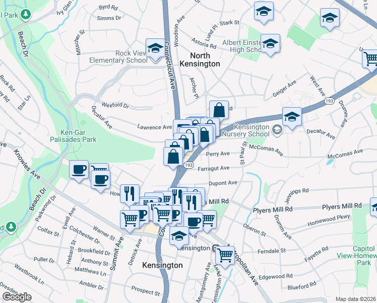 map of restaurants, bars, coffee shops, grocery stores, and more near 3721 Perry Avenue in Kensington