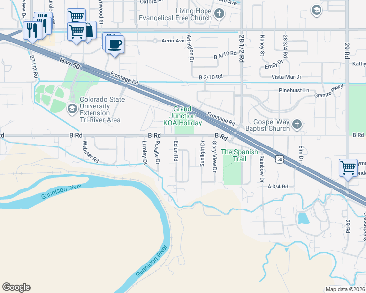 map of restaurants, bars, coffee shops, grocery stores, and more near 196 Thompson Road in Grand Junction