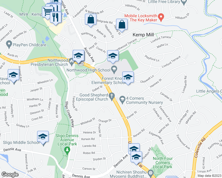 map of restaurants, bars, coffee shops, grocery stores, and more near 827 University Boulevard West in Silver Spring