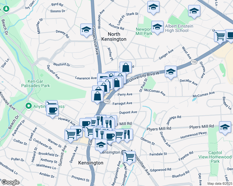 map of restaurants, bars, coffee shops, grocery stores, and more near 3700 University Boulevard West in Kensington