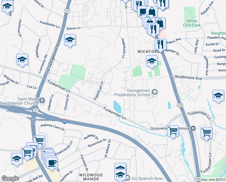 map of restaurants, bars, coffee shops, grocery stores, and more near 5804 Inman Park Circle in North Bethesda