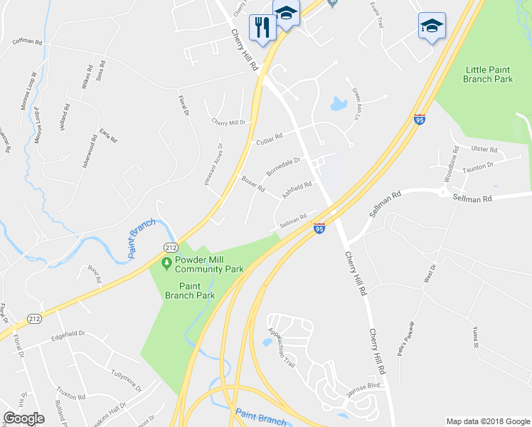 map of restaurants, bars, coffee shops, grocery stores, and more near 10804 Ashfield Road in Adelphi