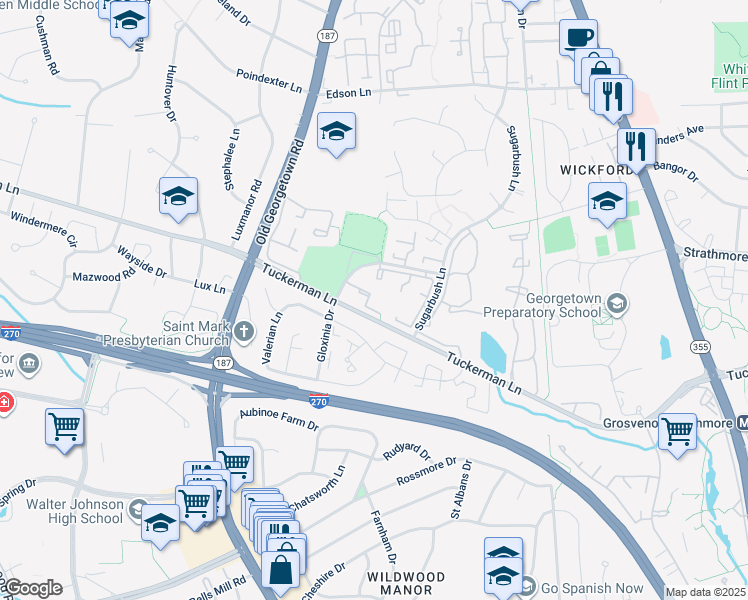 map of restaurants, bars, coffee shops, grocery stores, and more near 5914 Barbados Place in Rockville