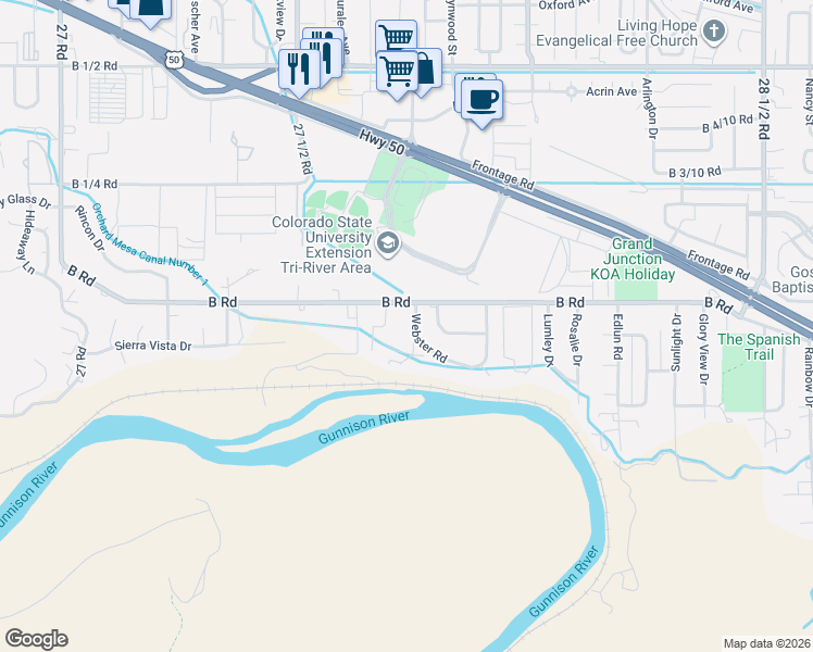 map of restaurants, bars, coffee shops, grocery stores, and more near 193 Webster Road in Grand Junction