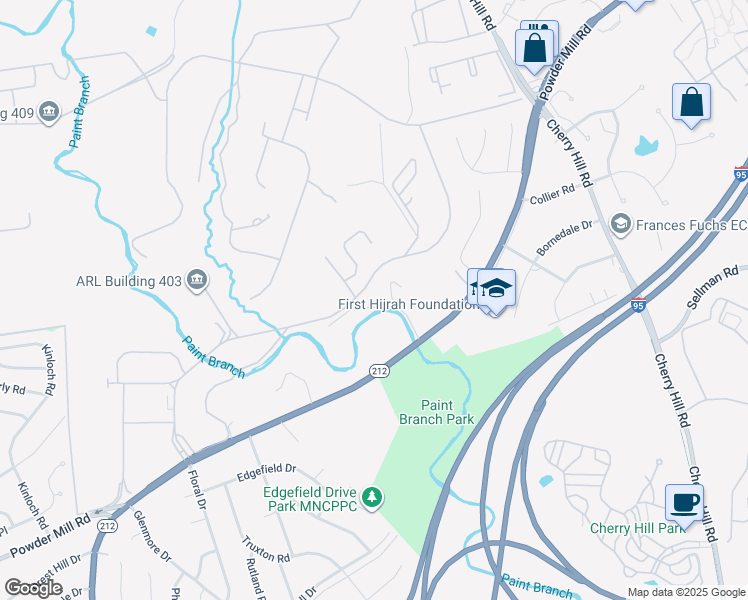 map of restaurants, bars, coffee shops, grocery stores, and more near 3118 Powder Mill Road in Hyattsville