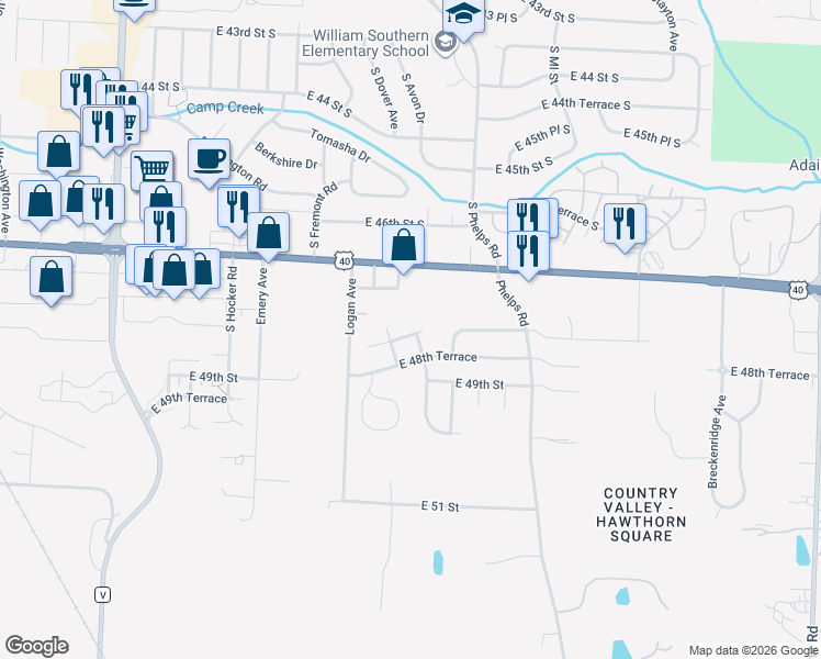 map of restaurants, bars, coffee shops, grocery stores, and more near 14910 East 47th Terrace in Kansas City