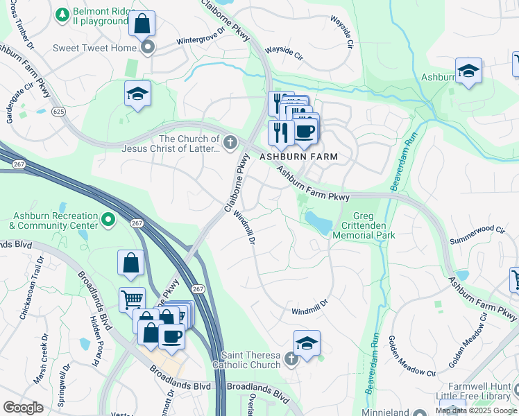 map of restaurants, bars, coffee shops, grocery stores, and more near 21076 Cornerpost Square in Ashburn
