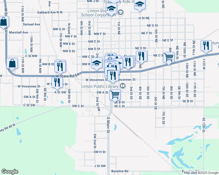 map of restaurants, bars, coffee shops, grocery stores, and more near 86 S Main St in Linton