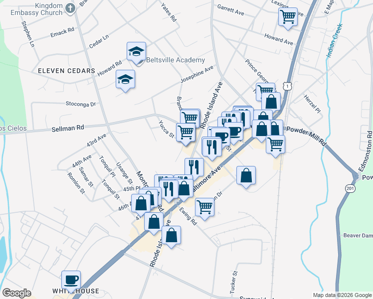 map of restaurants, bars, coffee shops, grocery stores, and more near 10800 Rhode Island Avenue in Beltsville