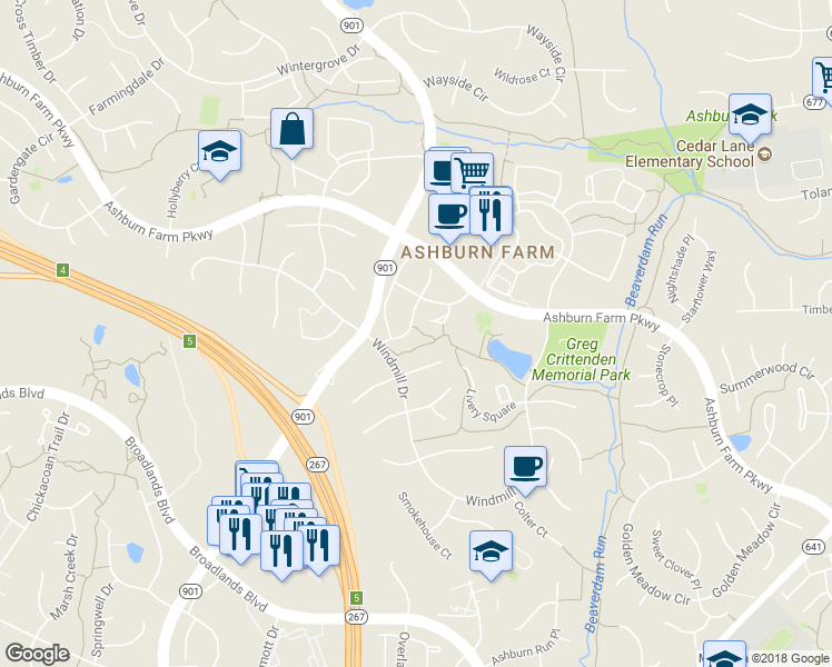 map of restaurants, bars, coffee shops, grocery stores, and more near 21076 Cornerpost Square in Ashburn