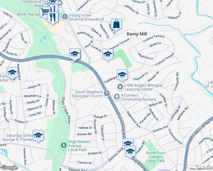 map of restaurants, bars, coffee shops, grocery stores, and more near 827 University Boulevard West in Silver Spring
