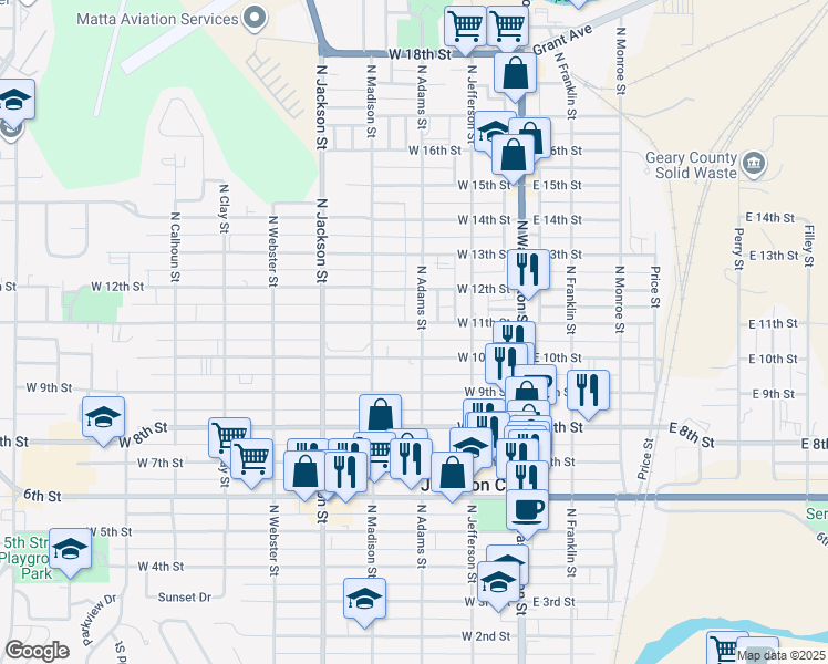 map of restaurants, bars, coffee shops, grocery stores, and more near 1024 North Adams Street in Junction City