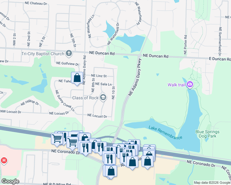 map of restaurants, bars, coffee shops, grocery stores, and more near 1148 Northeast 10 Street in Blue Springs