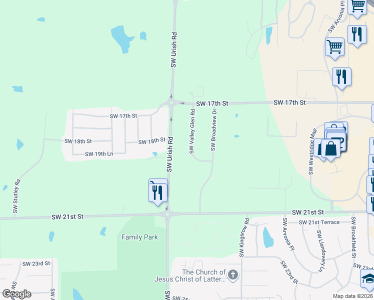 map of restaurants, bars, coffee shops, grocery stores, and more near 1901 Southwest Valley Glen Road in Topeka