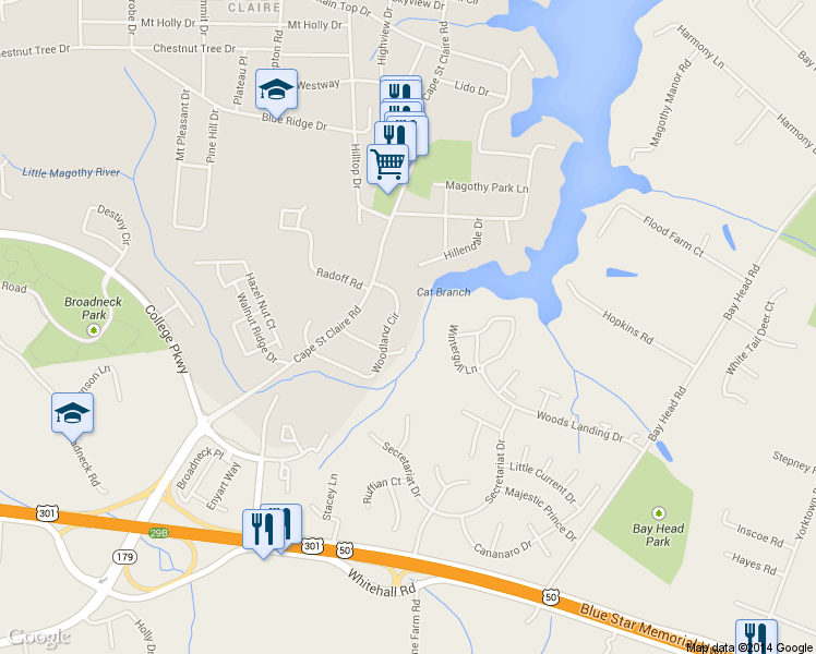 map of restaurants, bars, coffee shops, grocery stores, and more near 960 Woodland Circle in Annapolis