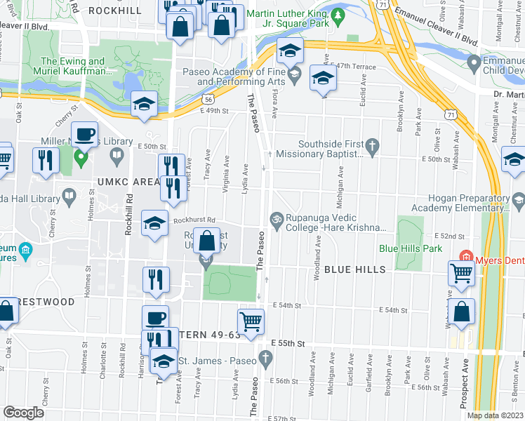 map of restaurants, bars, coffee shops, grocery stores, and more near 5126 Paseo Boulevard in Kansas City