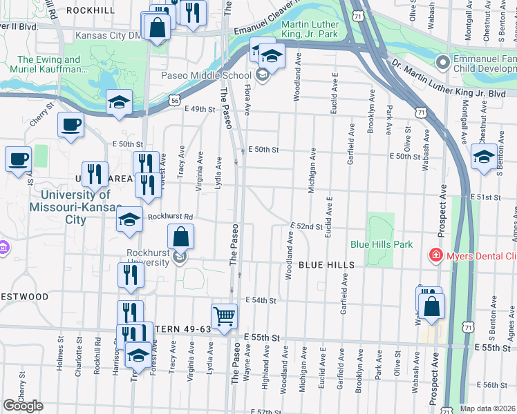 map of restaurants, bars, coffee shops, grocery stores, and more near 5130 Brookwood Avenue in Kansas City