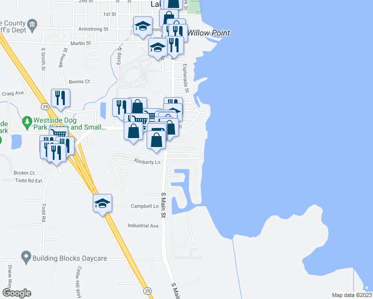 map of restaurants, bars, coffee shops, grocery stores, and more near 1350 South Main Street in Lakeport