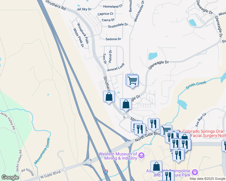 map of restaurants, bars, coffee shops, grocery stores, and more near 13760 Struthers Road in Colorado Springs